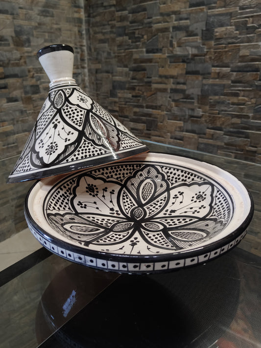 Black and white ceramic medium Tajine handmade Safi Morocco