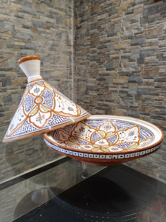 Grand Tajine en céramique orange et blanc fait main Safi Maroc