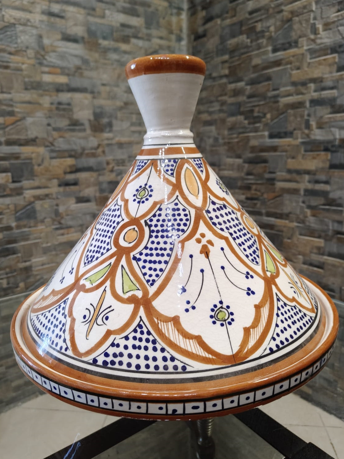 Orange and white ceramic big Tajine handmade Safi Morocco