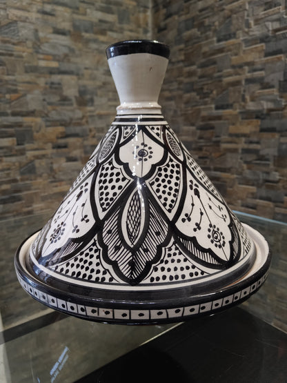 Black and white ceramic medium Tajine handmade Safi Morocco